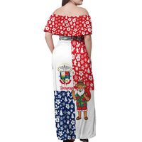 Panama Christmas Off Shoulder Maxi Dress with Tropical Santa National Coat of Arms and Festive Pattern Design - Wonder Print Shop