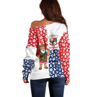 Panama Christmas Off Shoulder Sweater with Tropical Santa National Coat of Arms and Festive Pattern Design - Wonder Print Shop