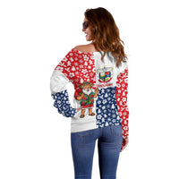 Panama Christmas Off Shoulder Sweater with Tropical Santa National Coat of Arms and Festive Pattern Design - Wonder Print Shop