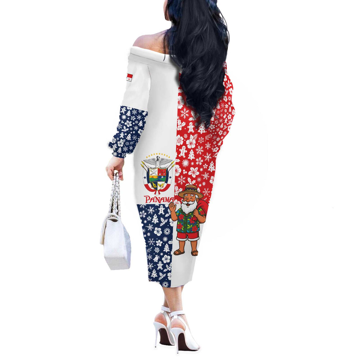 Panama Christmas Off The Shoulder Long Sleeve Dress with Tropical Santa National Coat of Arms and Festive Pattern Design - Wonder Print Shop