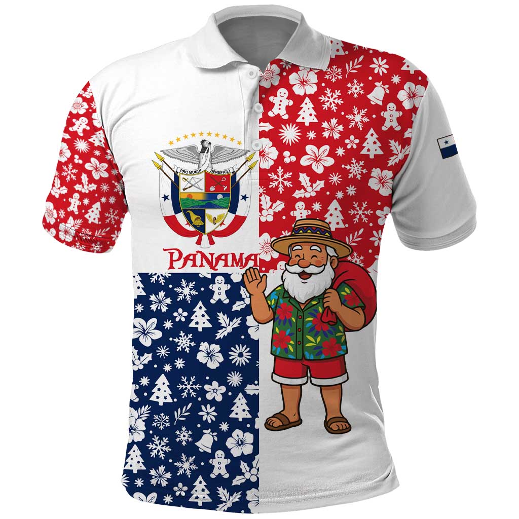 Panama Christmas Polo Shirt with Tropical Santa National Coat of Arms and Festive Pattern Design - Wonder Print Shop