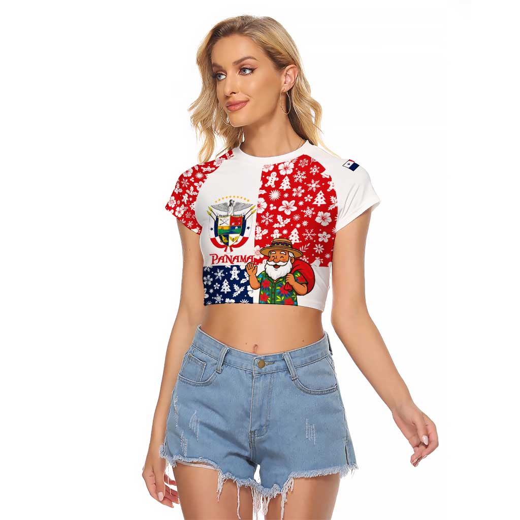 Panama Christmas Raglan Cropped T Shirt with Tropical Santa National Coat of Arms and Festive Pattern Design - Wonder Print Shop