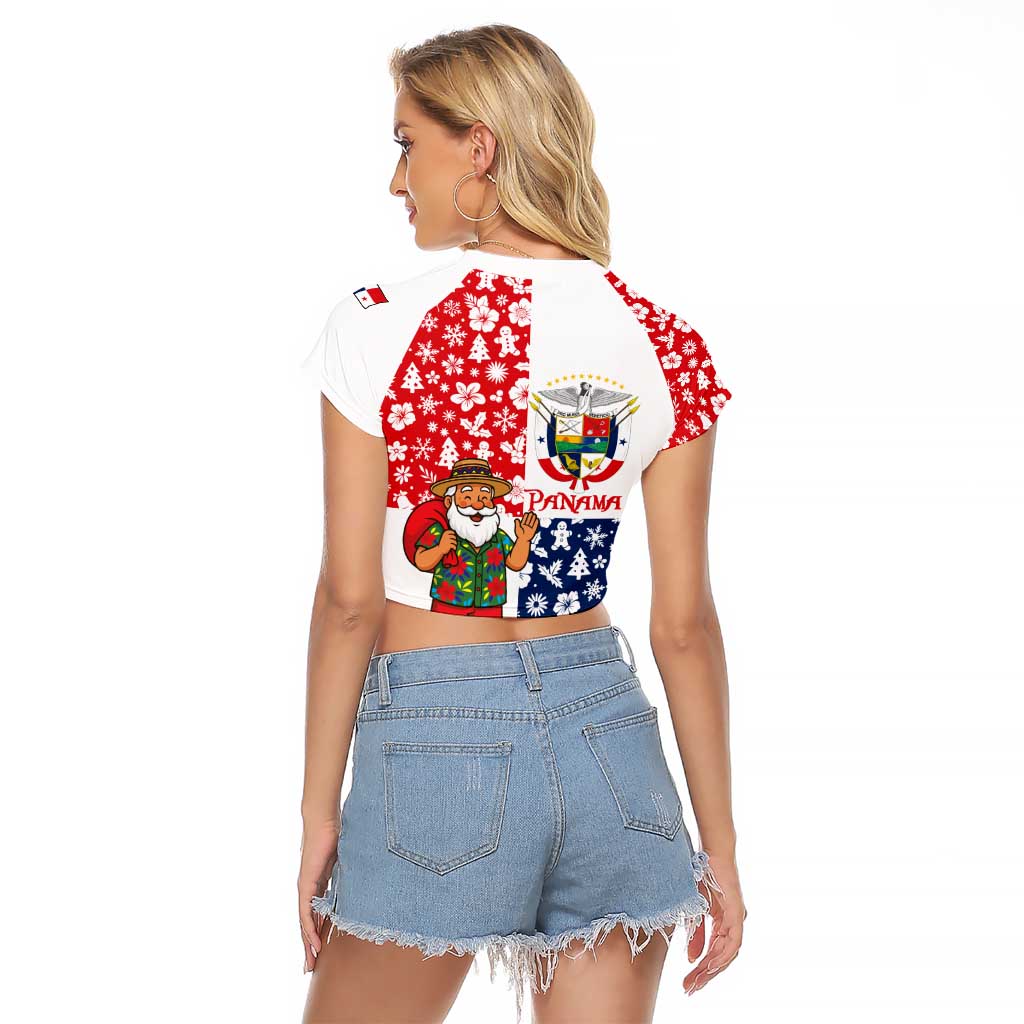 Panama Christmas Raglan Cropped T Shirt with Tropical Santa National Coat of Arms and Festive Pattern Design - Wonder Print Shop