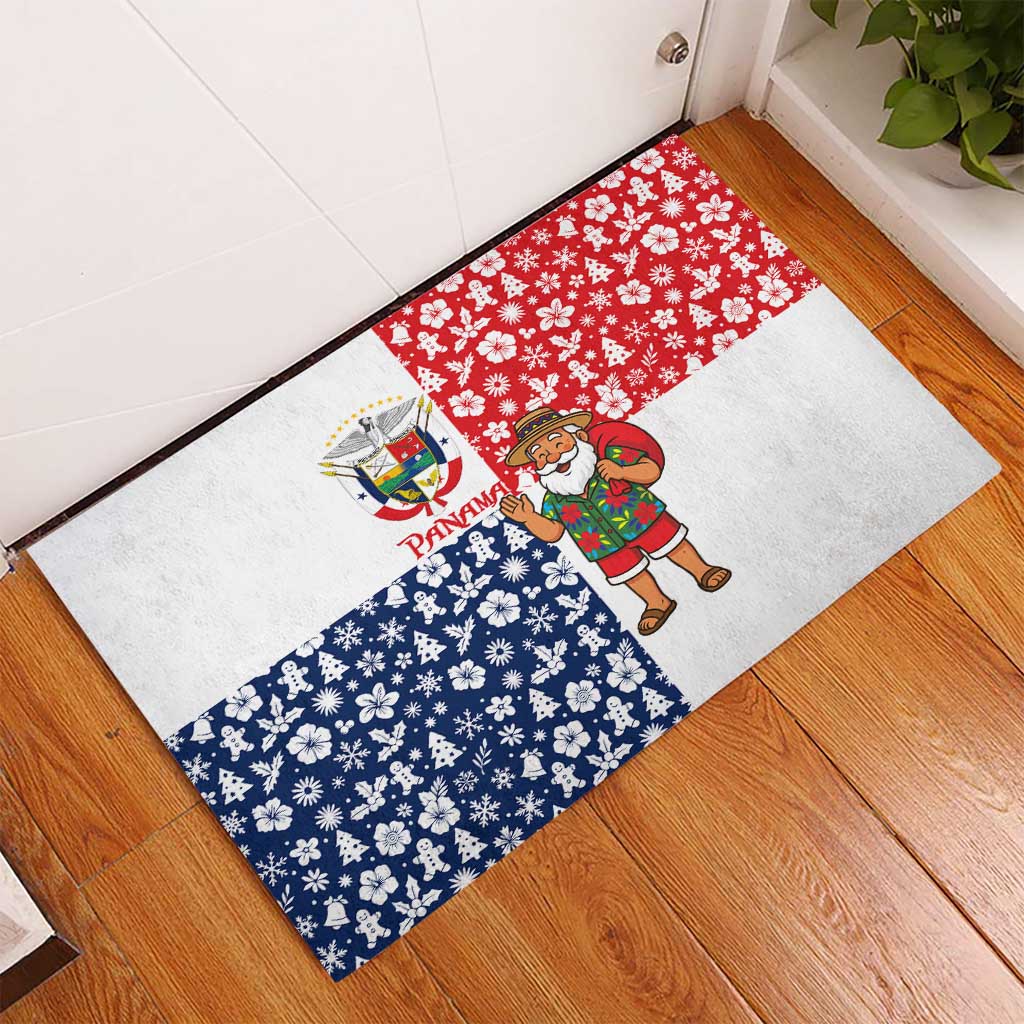 Panama Christmas Rubber Doormat with Tropical Santa National Coat of Arms and Festive Pattern Design - Wonder Print Shop