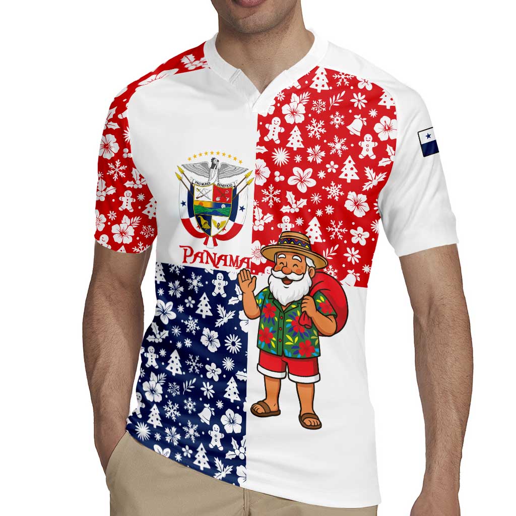 Panama Christmas Rugby Jersey with Tropical Santa National Coat of Arms and Festive Pattern Design - Wonder Print Shop