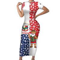Panama Christmas Short Sleeve Bodycon Dress with Tropical Santa National Coat of Arms and Festive Pattern Design - Wonder Print Shop