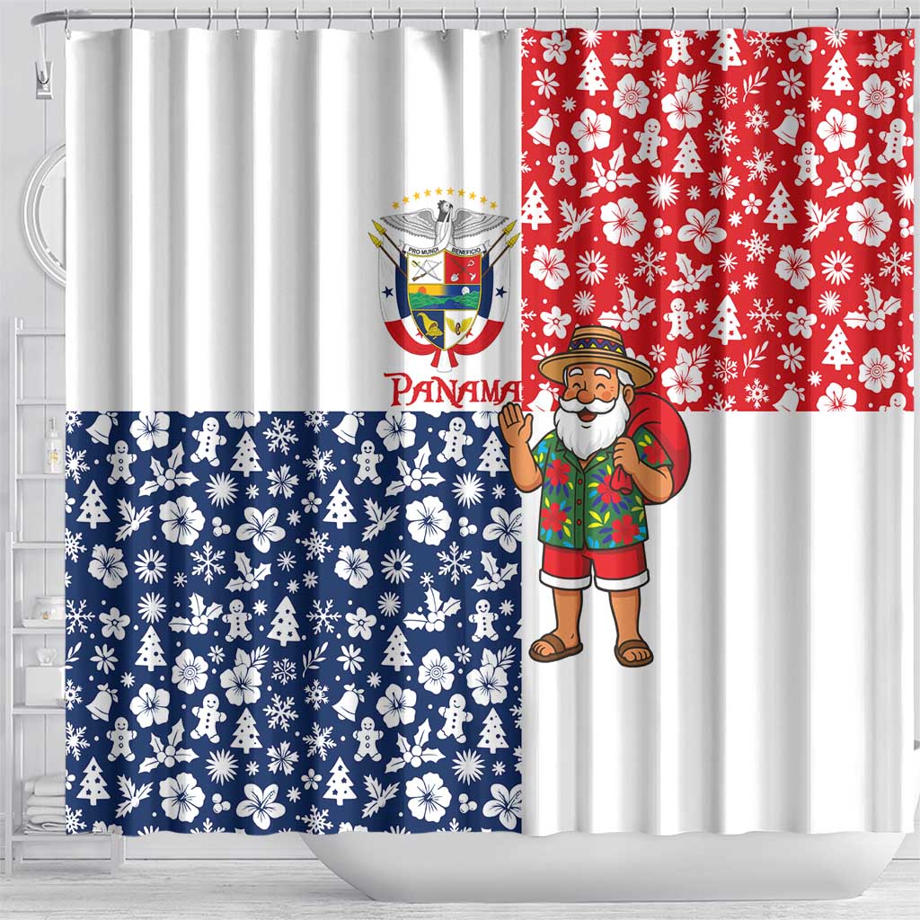 Panama Christmas Shower Curtain with Tropical Santa National Coat of Arms and Festive Pattern Design - Wonder Print Shop