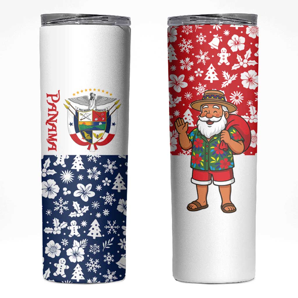 Panama Christmas Skinny Tumbler with Tropical Santa National Coat of Arms and Festive Pattern Design - Wonder Print Shop