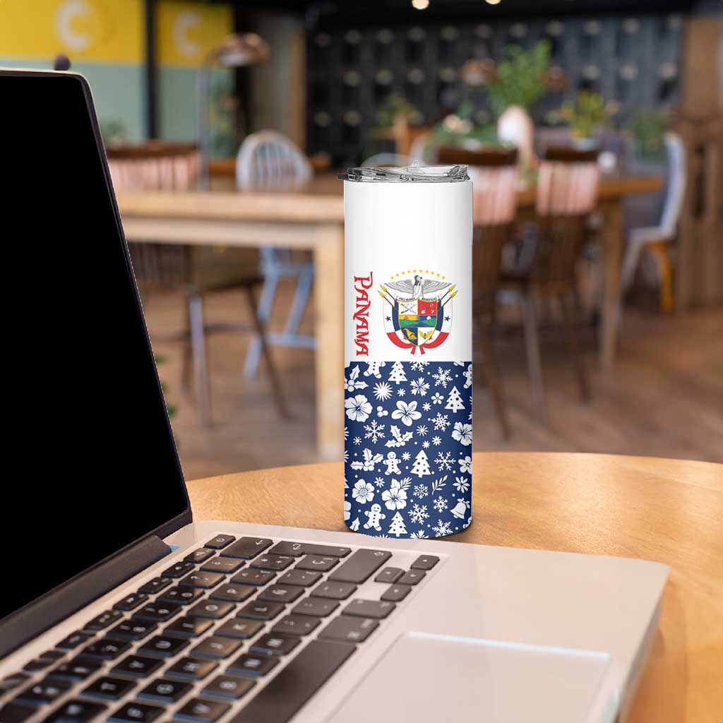 Panama Christmas Skinny Tumbler with Tropical Santa National Coat of Arms and Festive Pattern Design - Wonder Print Shop