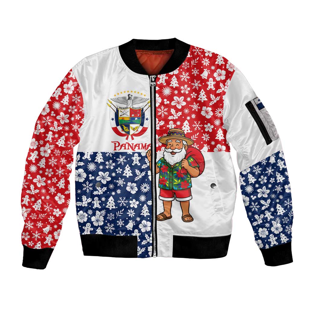 Panama Christmas Sleeve Zip Bomber Jacket with Tropical Santa National Coat of Arms and Festive Pattern Design - Wonder Print Shop