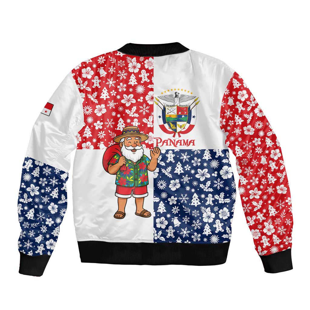 Panama Christmas Sleeve Zip Bomber Jacket with Tropical Santa National Coat of Arms and Festive Pattern Design - Wonder Print Shop