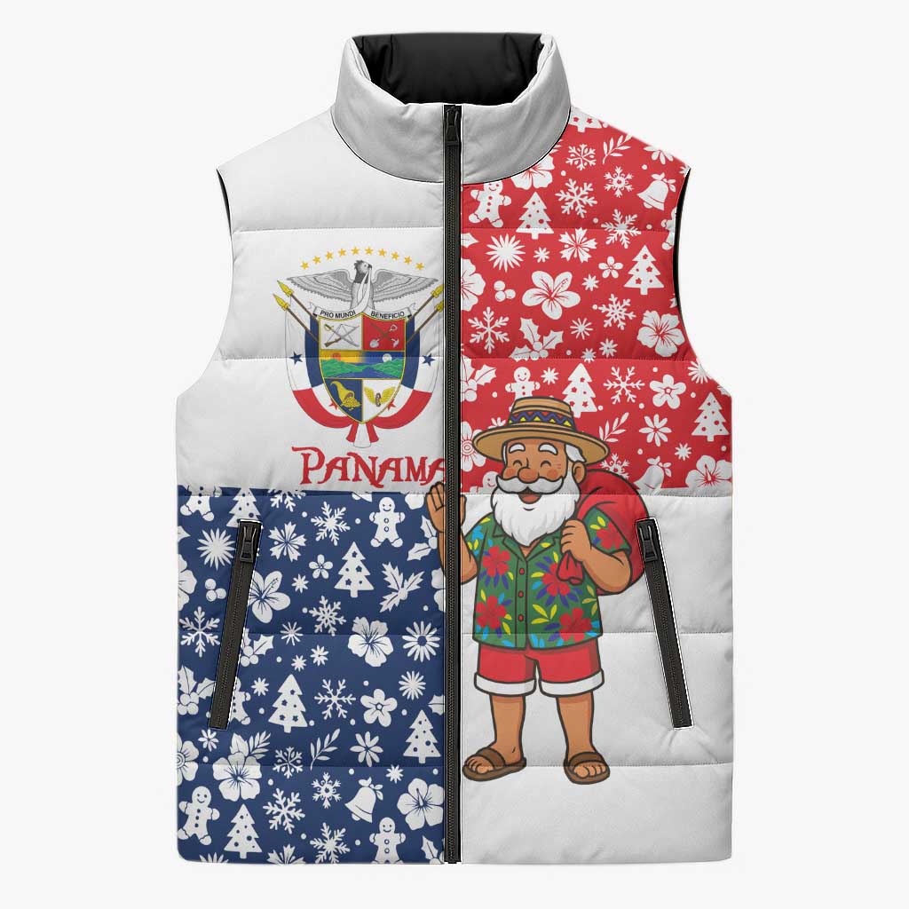 Panama Christmas Sleeveless Puffer Jacket with Tropical Santa National Coat of Arms and Festive Pattern Design - Wonder Print Shop