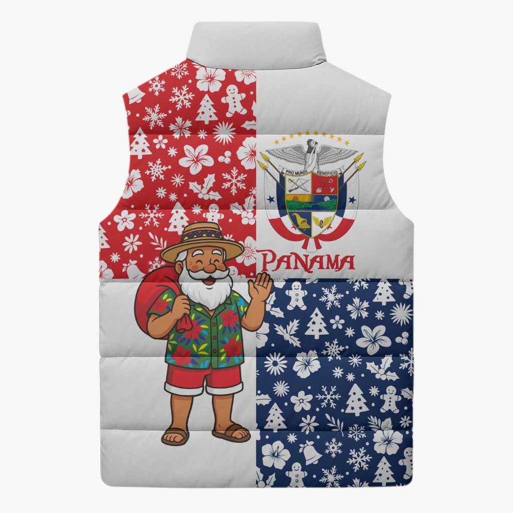 Panama Christmas Sleeveless Puffer Jacket with Tropical Santa National Coat of Arms and Festive Pattern Design - Wonder Print Shop