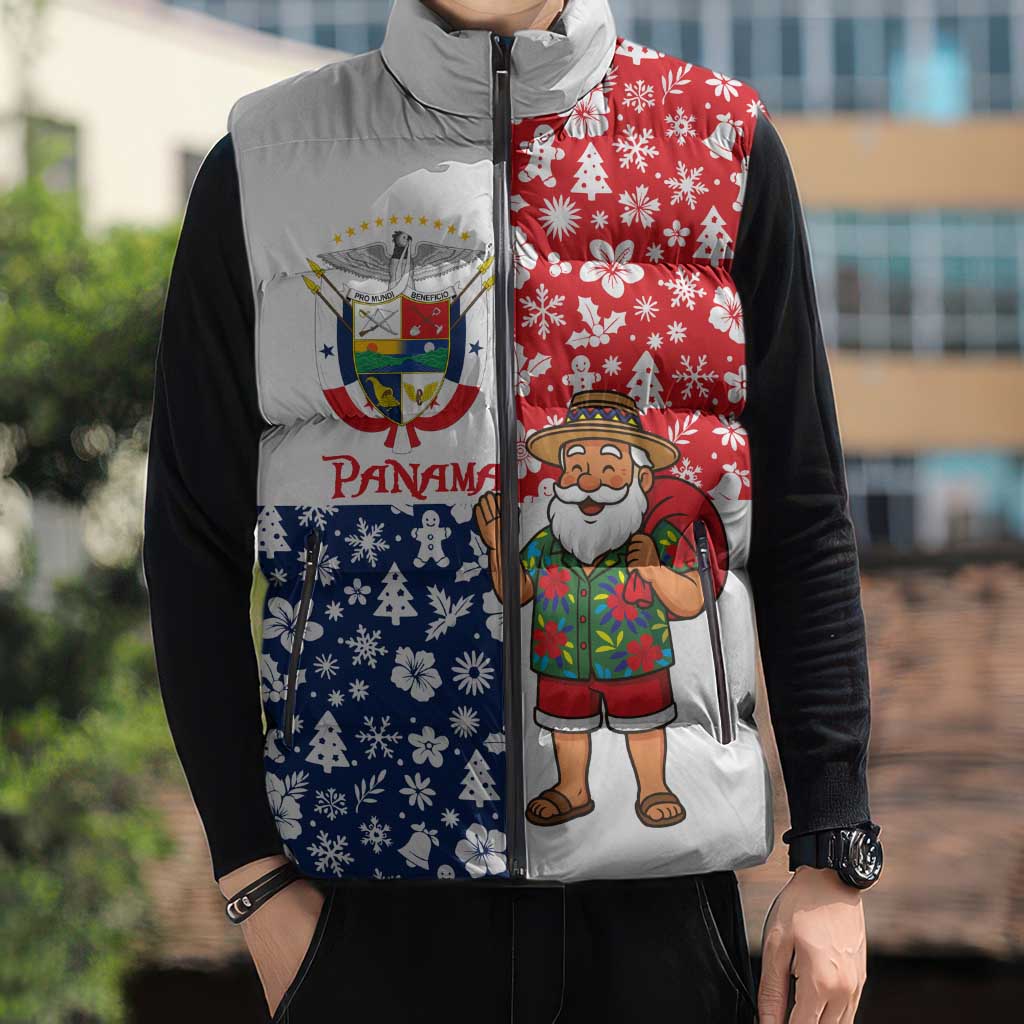 Panama Christmas Sleeveless Puffer Jacket with Tropical Santa National Coat of Arms and Festive Pattern Design - Wonder Print Shop