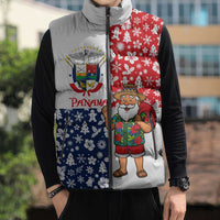 Panama Christmas Sleeveless Puffer Jacket with Tropical Santa National Coat of Arms and Festive Pattern Design - Wonder Print Shop