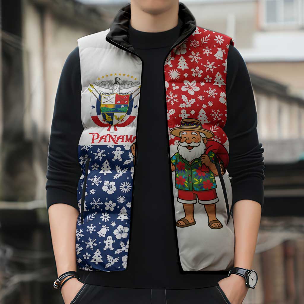 Panama Christmas Sleeveless Puffer Jacket with Tropical Santa National Coat of Arms and Festive Pattern Design - Wonder Print Shop