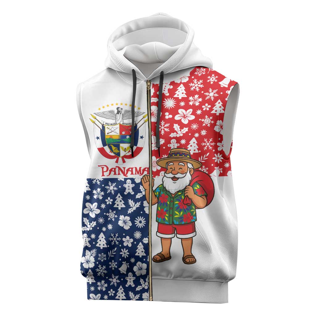 Panama Christmas Sleeveless Zip Hoodie with Tropical Santa National Coat of Arms and Festive Pattern Design - Wonder Print Shop