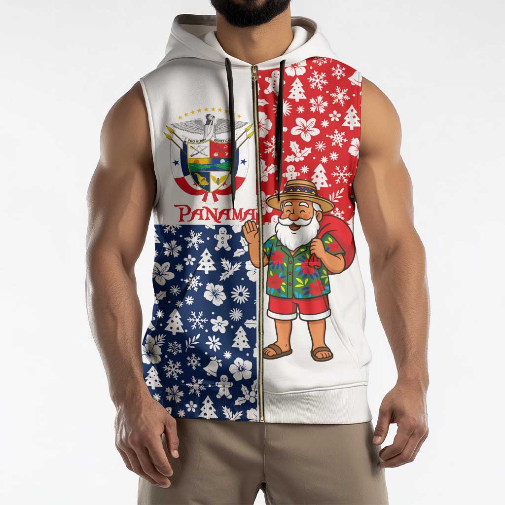 Panama Christmas Sleeveless Zip Hoodie with Tropical Santa National Coat of Arms and Festive Pattern Design - Wonder Print Shop