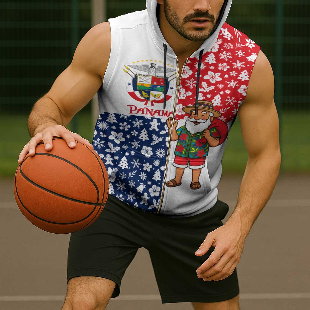 Panama Christmas Sleeveless Zip Hoodie with Tropical Santa National Coat of Arms and Festive Pattern Design - Wonder Print Shop