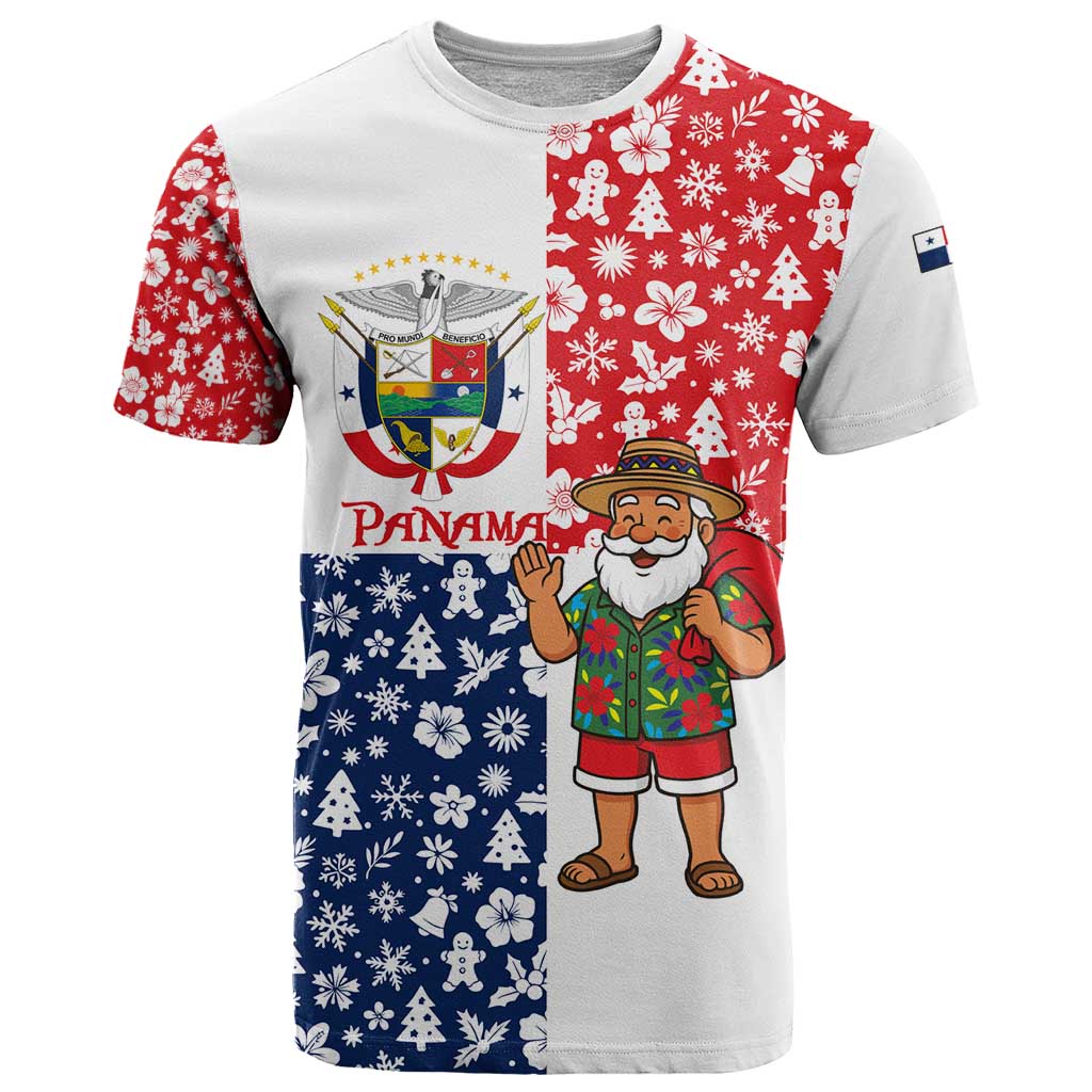 Panama Christmas T Shirt with Tropical Santa National Coat of Arms and Festive Pattern Design - Wonder Print Shop