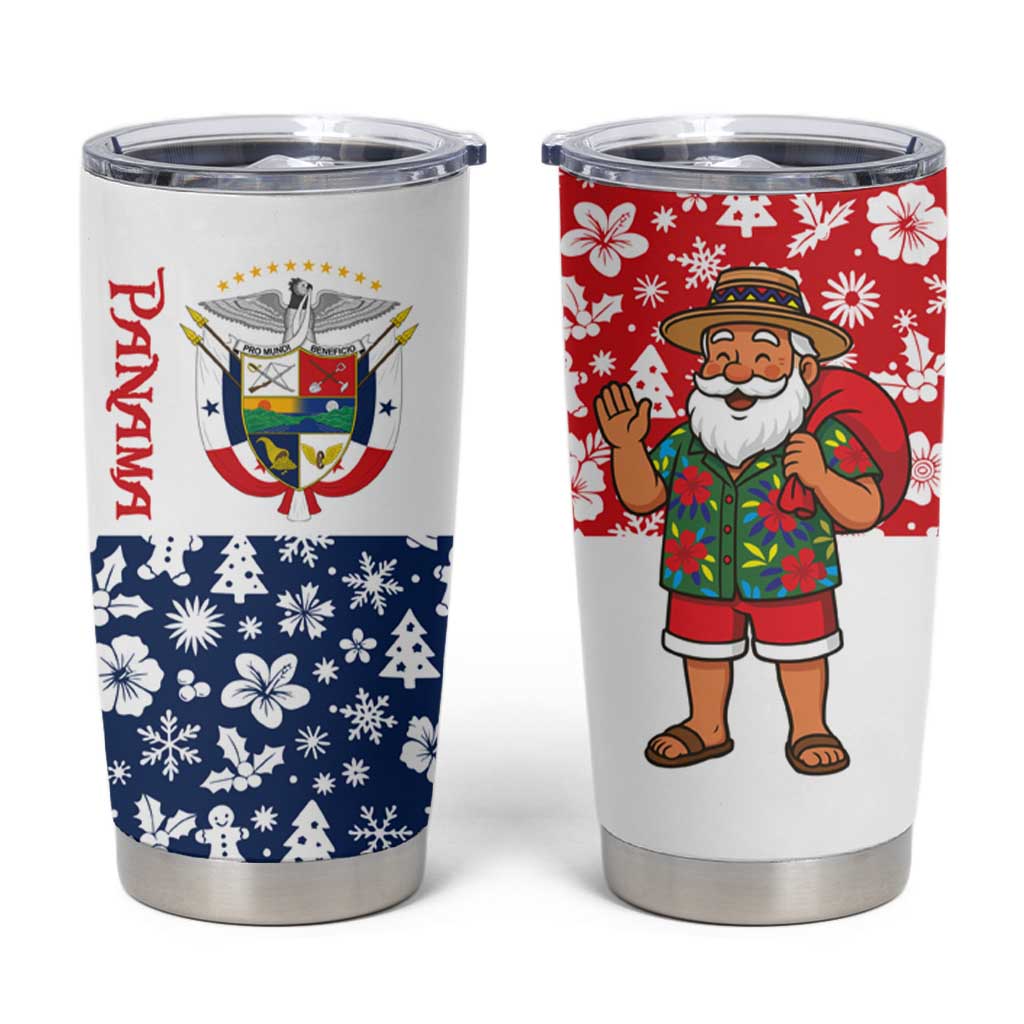 Panama Christmas Tumbler Cup with Tropical Santa National Coat of Arms and Festive Pattern Design - Wonder Print Shop