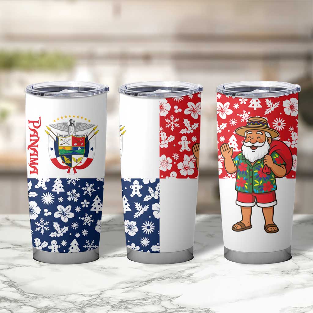 Panama Christmas Tumbler Cup with Tropical Santa National Coat of Arms and Festive Pattern Design - Wonder Print Shop