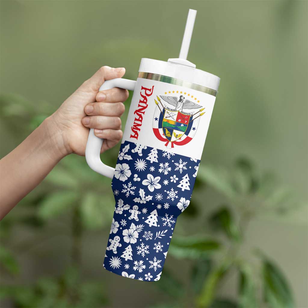 Panama Christmas Tumbler With Handle with Tropical Santa National Coat of Arms and Festive Pattern Design - Wonder Print Shop
