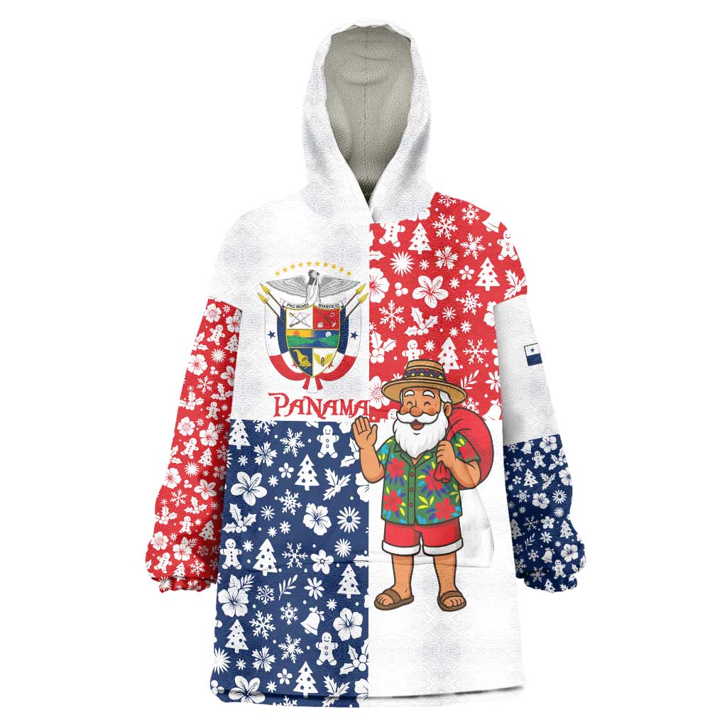 Panama Christmas Wearable Blanket Hoodie with Tropical Santa National Coat of Arms and Festive Pattern Design - Wonder Print Shop