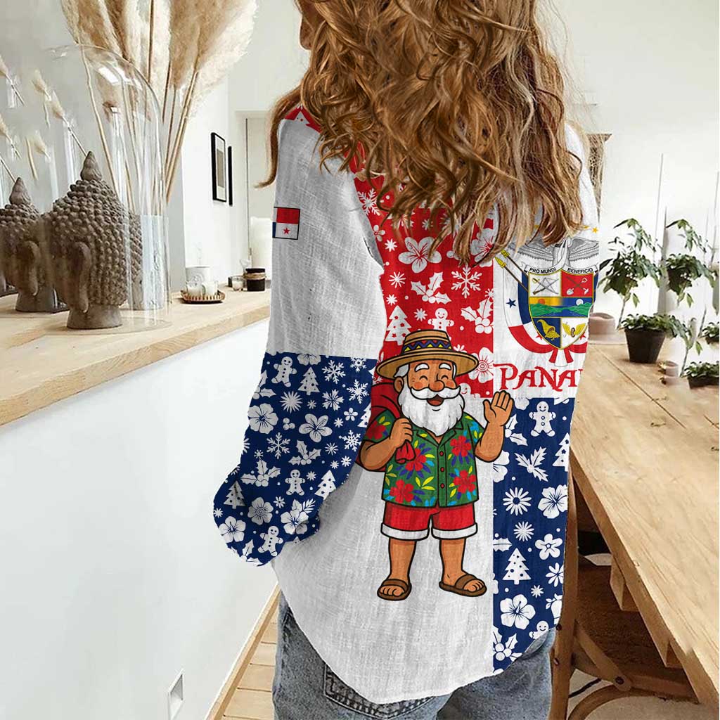 Panama Christmas Women Casual Shirt with Tropical Santa National Coat of Arms and Festive Pattern Design - Wonder Print Shop