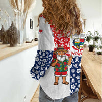 Panama Christmas Women Casual Shirt with Tropical Santa National Coat of Arms and Festive Pattern Design - Wonder Print Shop