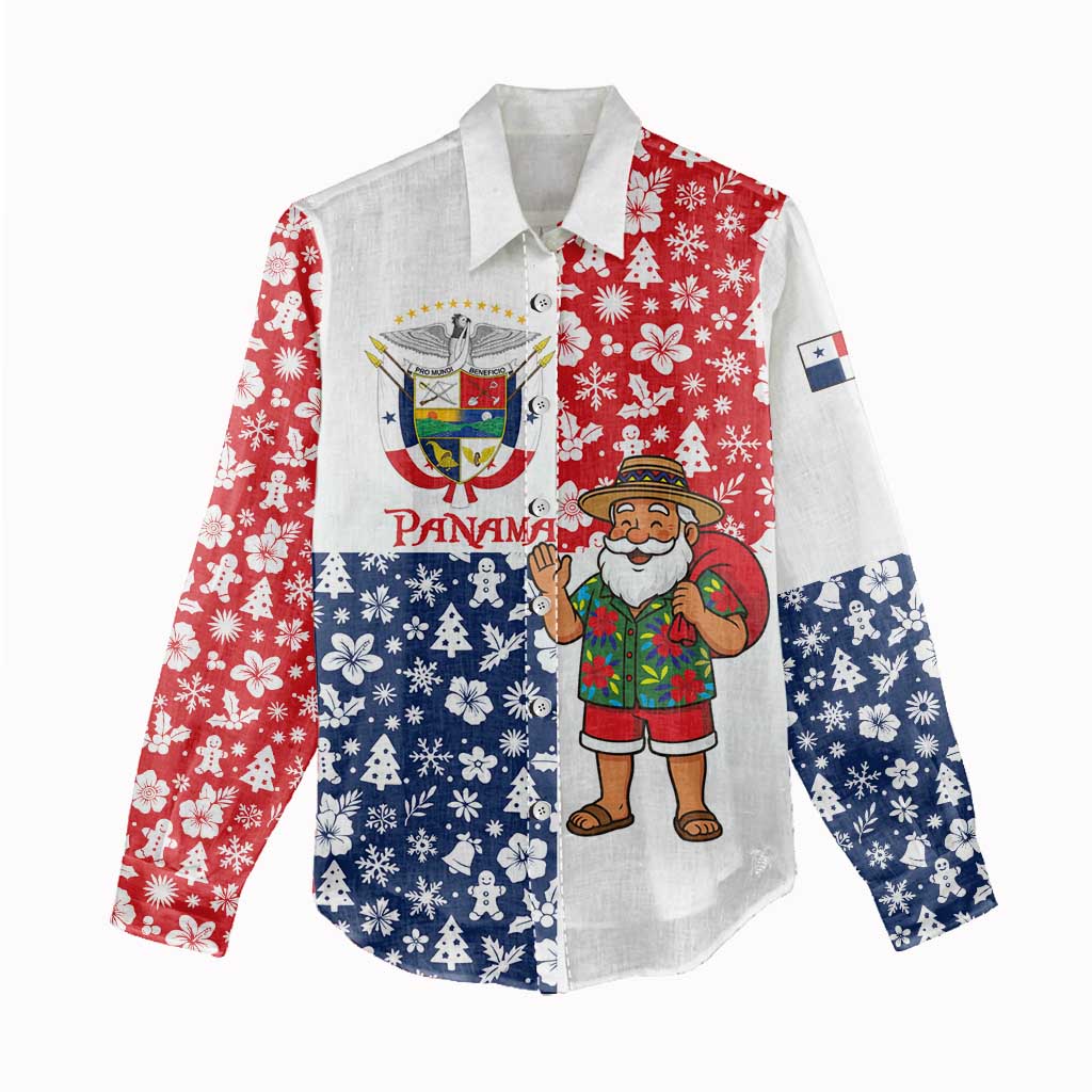 Panama Christmas Women Casual Shirt with Tropical Santa National Coat of Arms and Festive Pattern Design - Wonder Print Shop