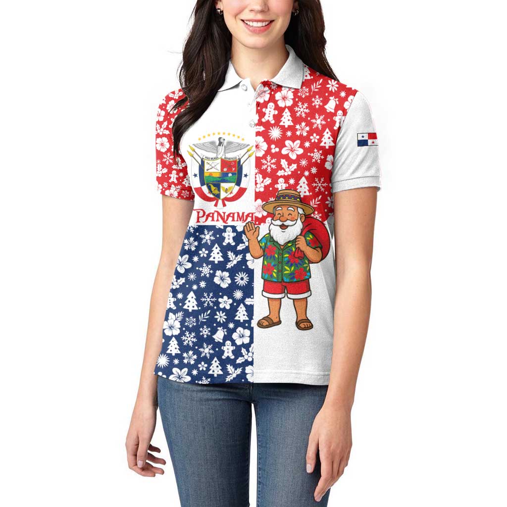 Panama Christmas Women Polo Shirt with Tropical Santa National Coat of Arms and Festive Pattern Design - Wonder Print Shop