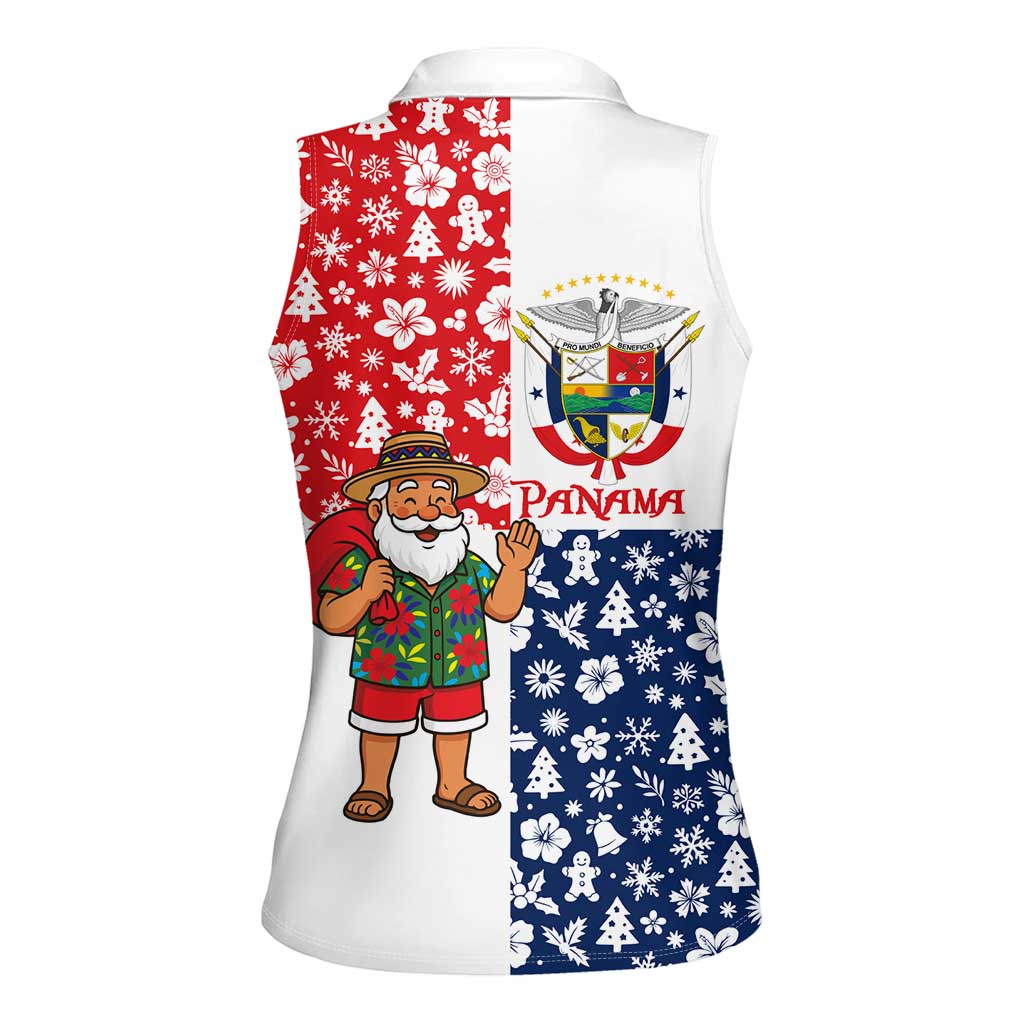 Panama Christmas Women Sleeveless Polo Shirt with Tropical Santa National Coat of Arms and Festive Pattern Design - Wonder Print Shop