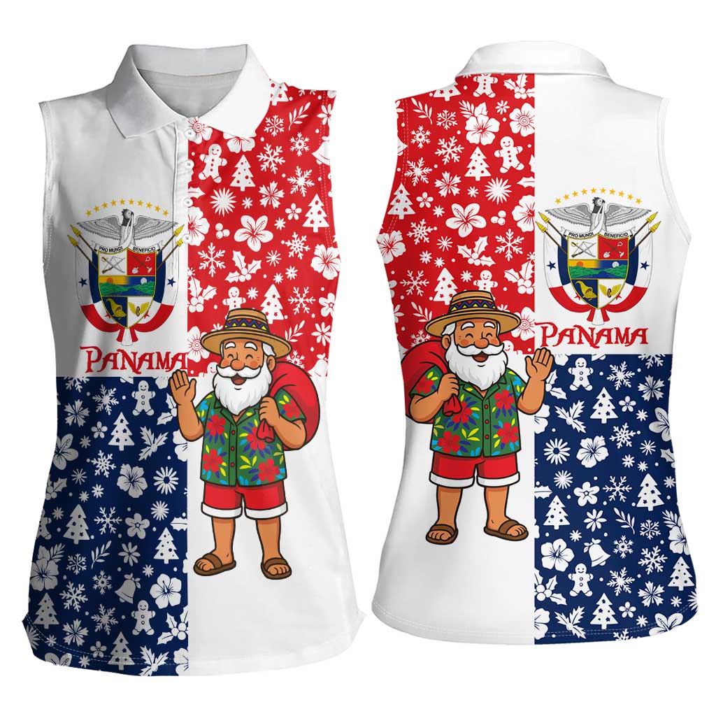 Panama Christmas Women Sleeveless Polo Shirt with Tropical Santa National Coat of Arms and Festive Pattern Design - Wonder Print Shop