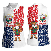 Panama Christmas Women Sleeveless Polo Shirt with Tropical Santa National Coat of Arms and Festive Pattern Design - Wonder Print Shop