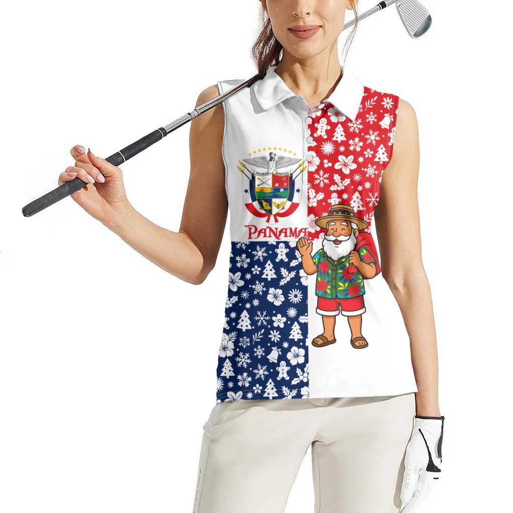 Panama Christmas Women Sleeveless Polo Shirt with Tropical Santa National Coat of Arms and Festive Pattern Design - Wonder Print Shop