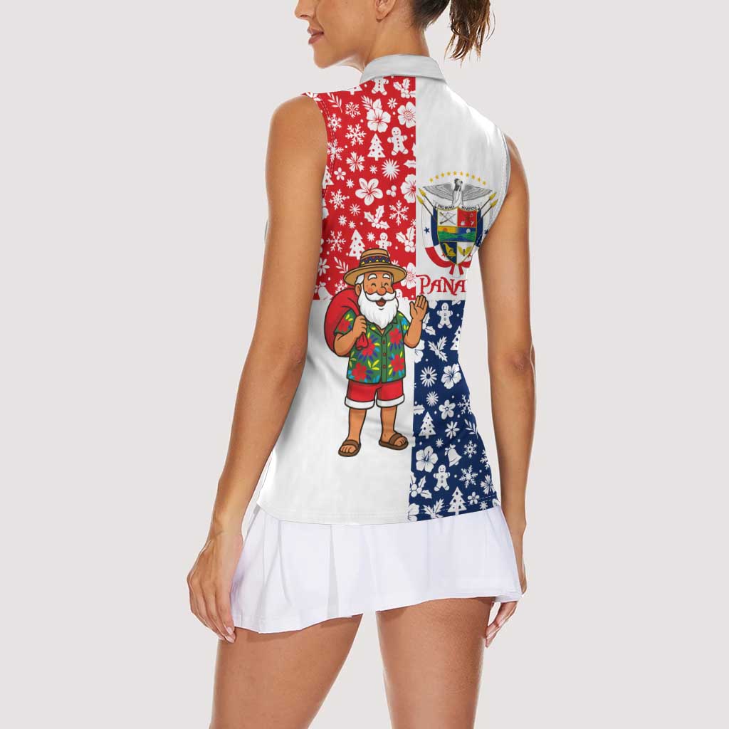 Panama Christmas Women Sleeveless Polo Shirt with Tropical Santa National Coat of Arms and Festive Pattern Design - Wonder Print Shop