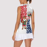 Panama Christmas Women Sleeveless Polo Shirt with Tropical Santa National Coat of Arms and Festive Pattern Design - Wonder Print Shop