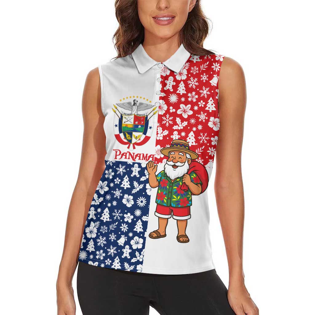 Panama Christmas Women Sleeveless Polo Shirt with Tropical Santa National Coat of Arms and Festive Pattern Design - Wonder Print Shop