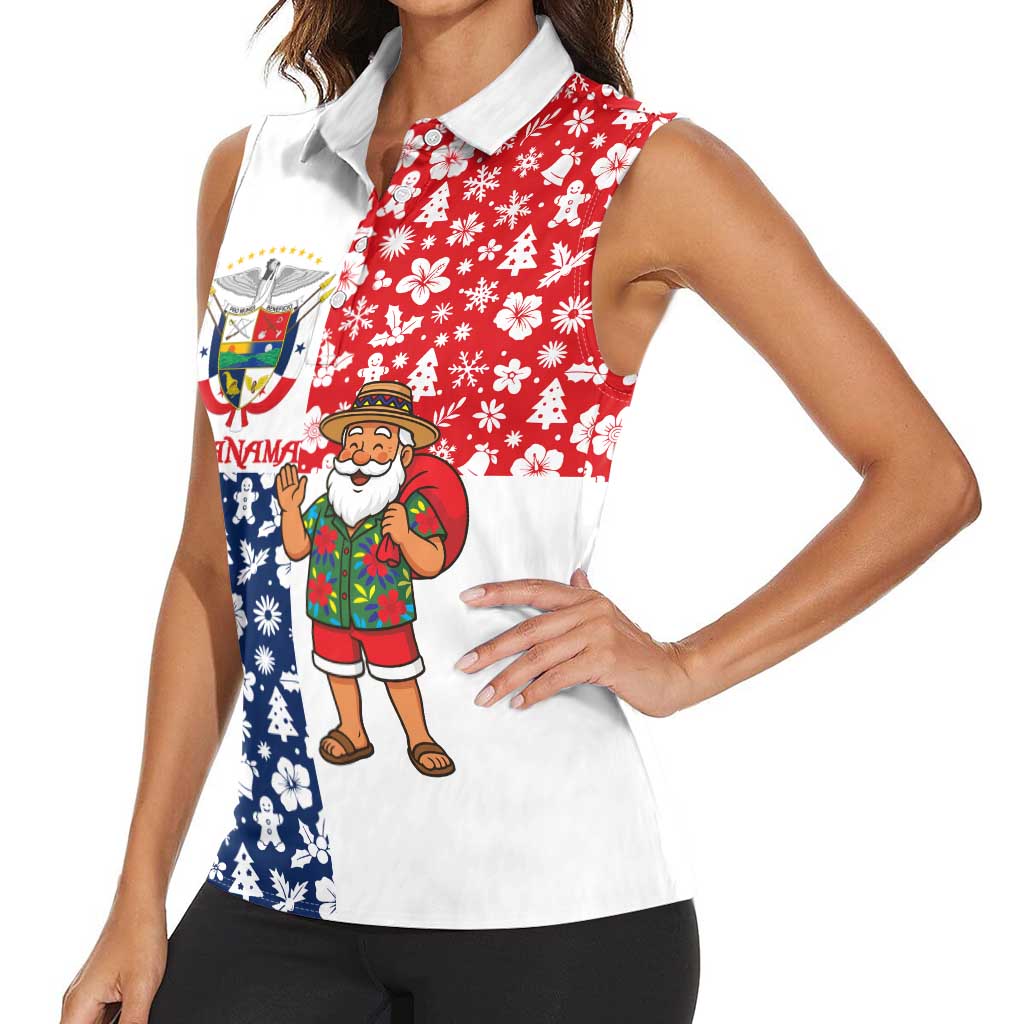 Panama Christmas Women Sleeveless Polo Shirt with Tropical Santa National Coat of Arms and Festive Pattern Design - Wonder Print Shop