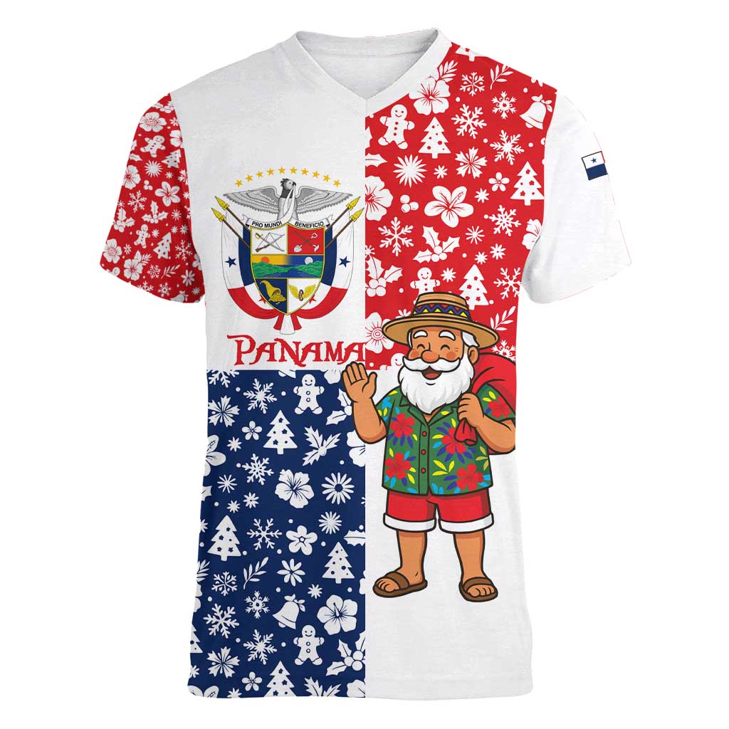 Panama Christmas Women V-Neck T-Shirt with Tropical Santa National Coat of Arms and Festive Pattern Design - Wonder Print Shop