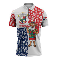 Panama Christmas Zipper Polo Shirt with Tropical Santa National Coat of Arms and Festive Pattern Design - Wonder Print Shop