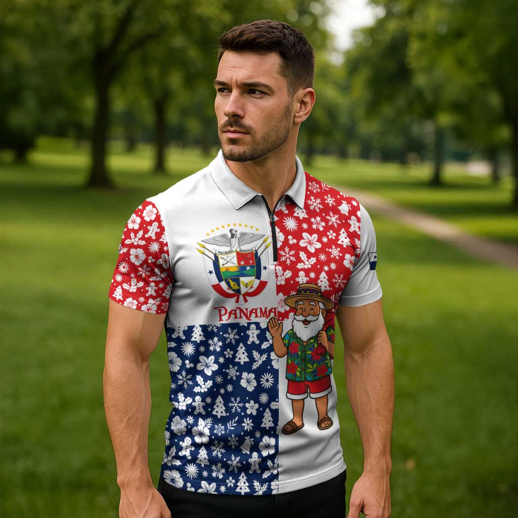 Panama Christmas Zipper Polo Shirt with Tropical Santa National Coat of Arms and Festive Pattern Design - Wonder Print Shop