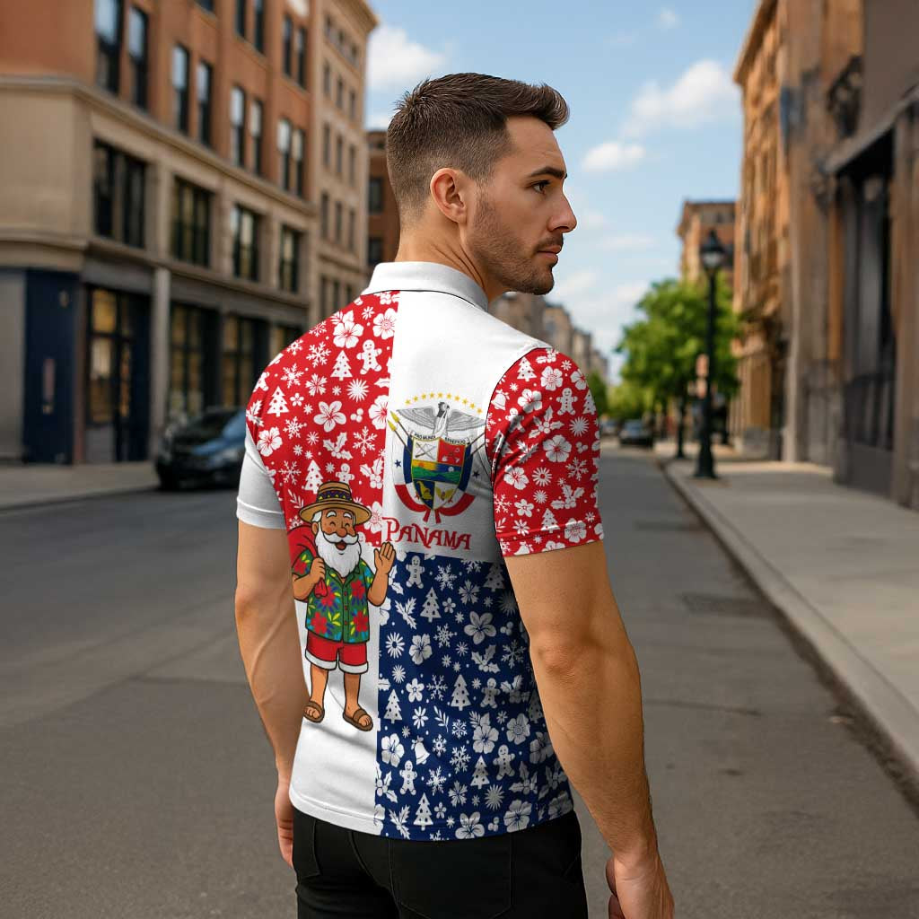 Panama Christmas Zipper Polo Shirt with Tropical Santa National Coat of Arms and Festive Pattern Design - Wonder Print Shop