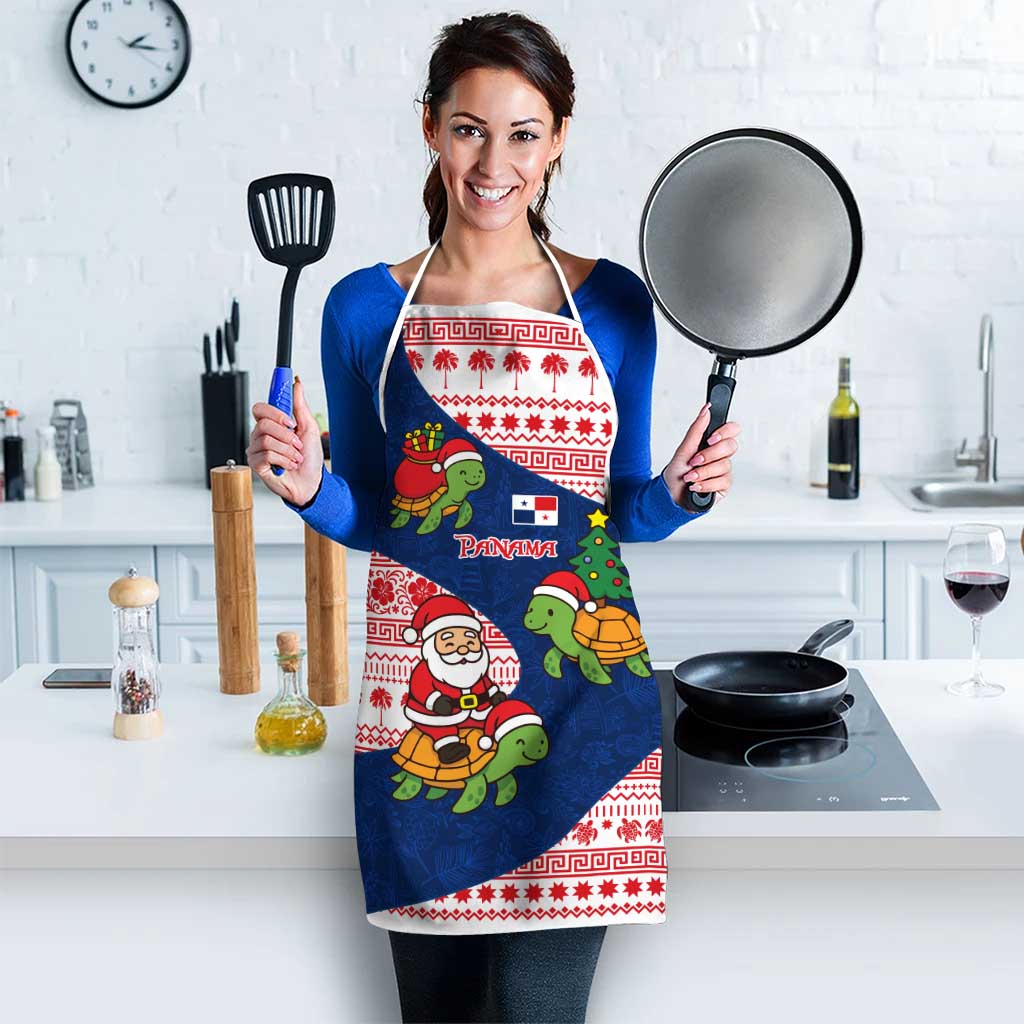 Panama Christmas Apron with Santa Claus Sea Turtles Holiday Tree and Red Blue Pattern Design - Wonder Print Shop