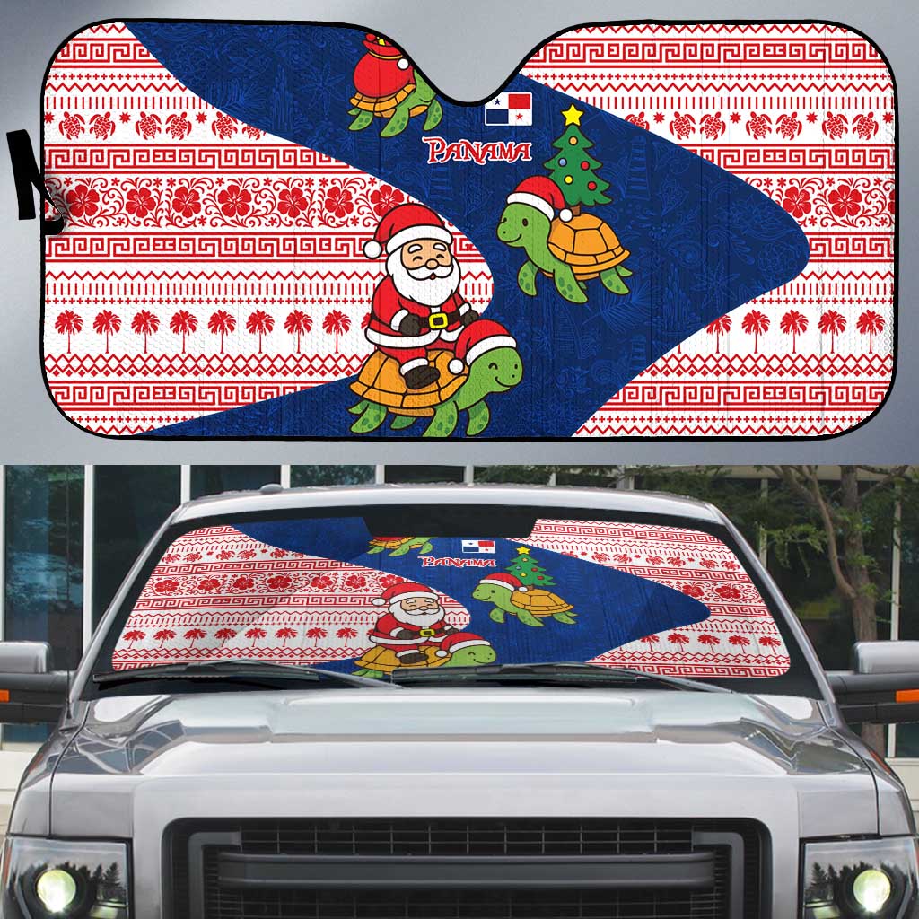 Panama Christmas Auto Sun Shade with Santa Claus Sea Turtles Holiday Tree and Red Blue Pattern Design - Wonder Print Shop