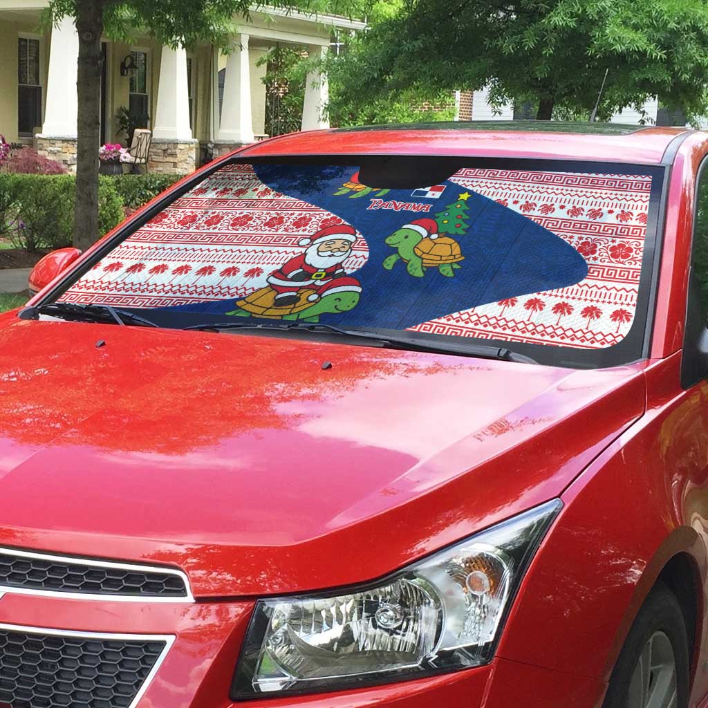 Panama Christmas Auto Sun Shade with Santa Claus Sea Turtles Holiday Tree and Red Blue Pattern Design - Wonder Print Shop