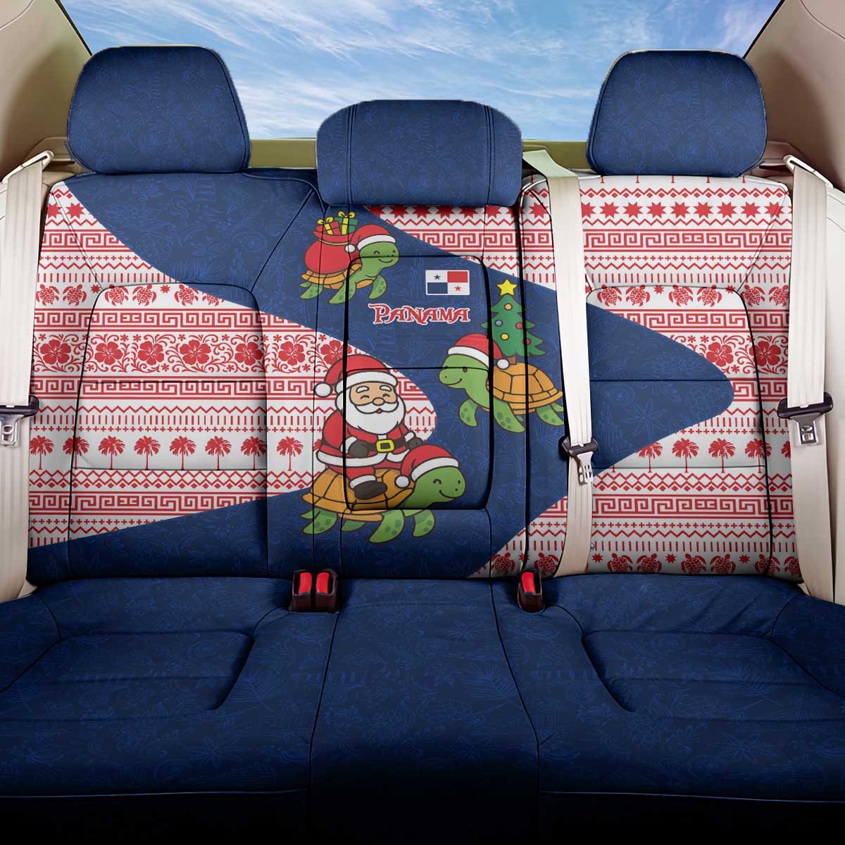 Panama Christmas Back Car Seat Cover with Santa Claus Sea Turtles Holiday Tree and Red Blue Pattern Design - Wonder Print Shop