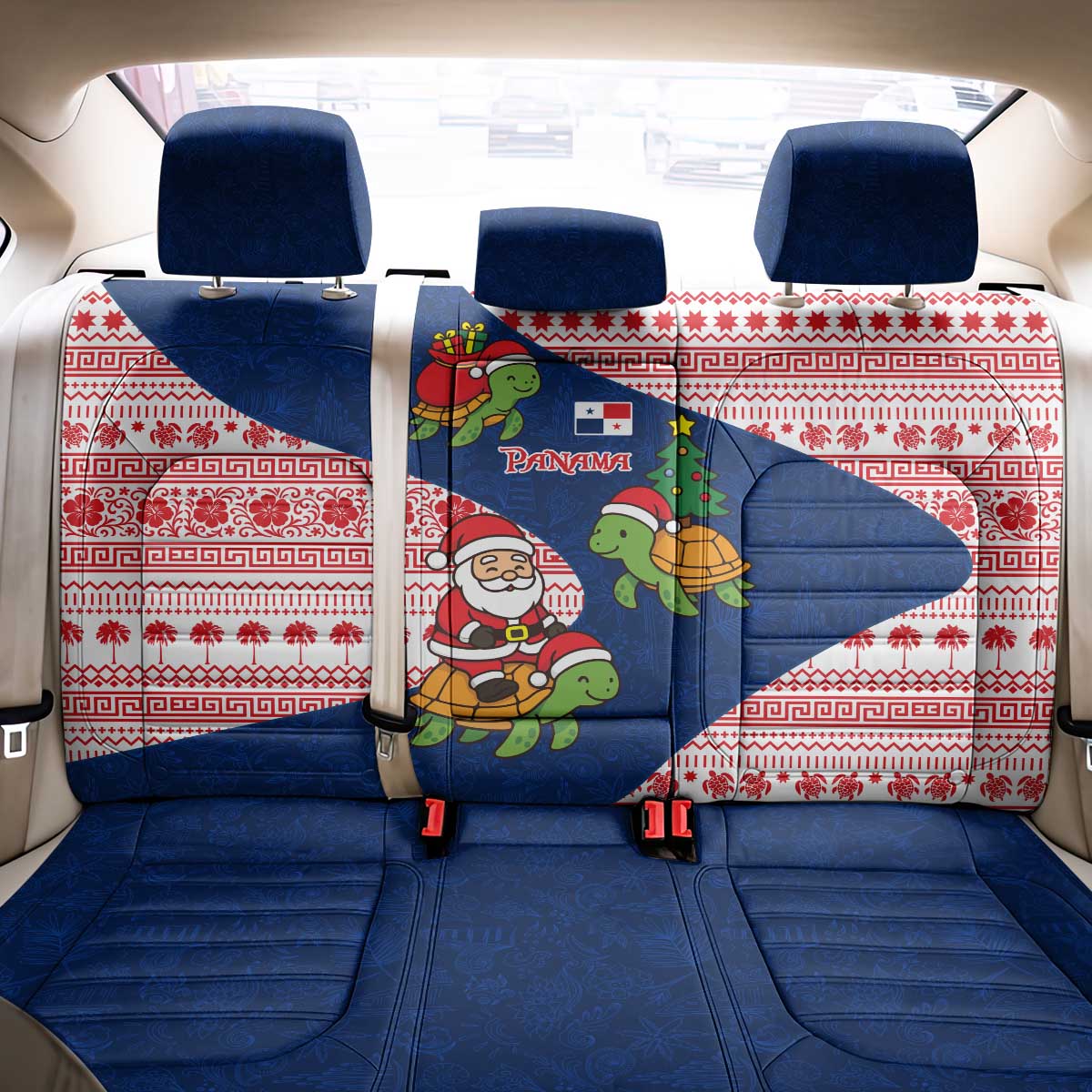 Panama Christmas Back Car Seat Cover with Santa Claus Sea Turtles Holiday Tree and Red Blue Pattern Design - Wonder Print Shop