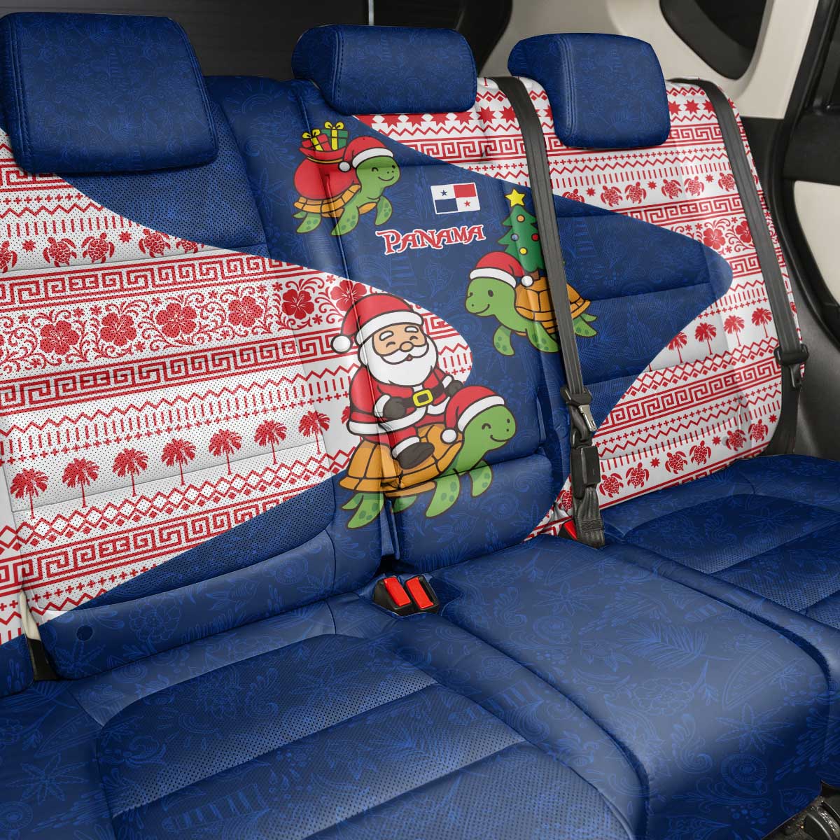Panama Christmas Back Car Seat Cover with Santa Claus Sea Turtles Holiday Tree and Red Blue Pattern Design - Wonder Print Shop